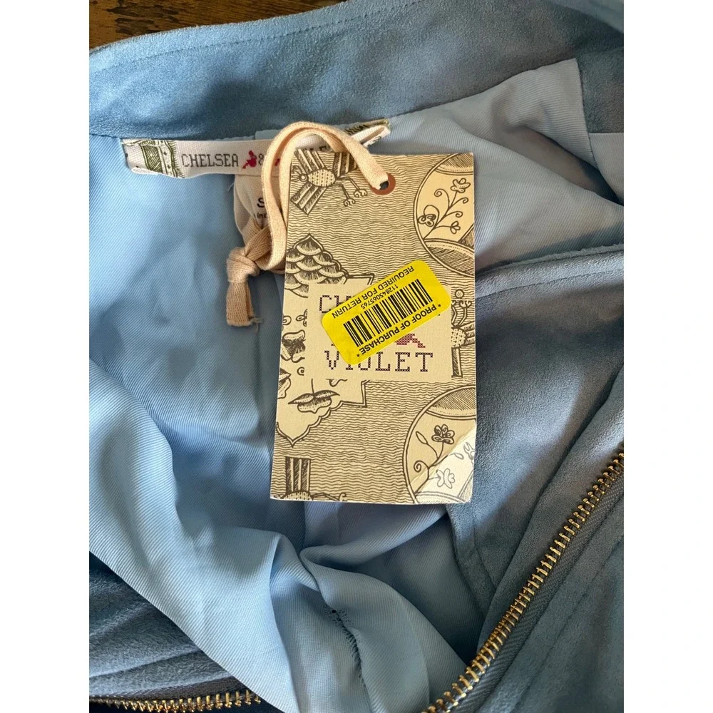 Chelsea & Violet Moto Jacket Faux Suede Small Blue Asymmetrical Zip Pocket NWT - Picture 6 of 11